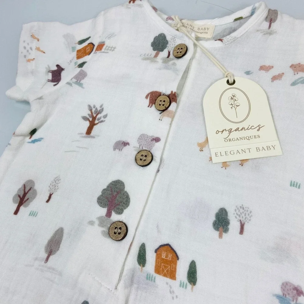 Elegant Baby‎ Kids 6-9M Cream Farm Animal Romper NEW Organic Cotton Muslin Barn